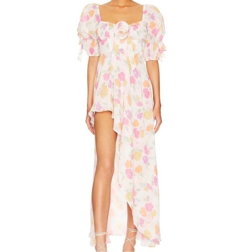 NWT FOR LOVE & LEMONS petal midi Floral Puff Sleeve asymmetrical Dress size XS